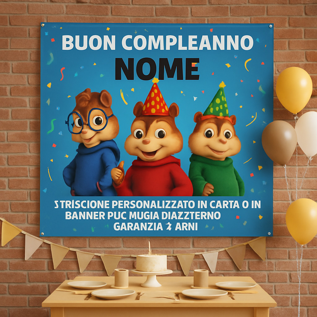 GLOBAL STRISCIONE FONDALE COMPLEANNO - Alvin e i Chipmunks - STRISCIONE PERSONALIZZATO IN CARTA O IN BANNER PVC ANCHE DA ESTERNO GARANZIA 5 ANNI - 01 ambientata