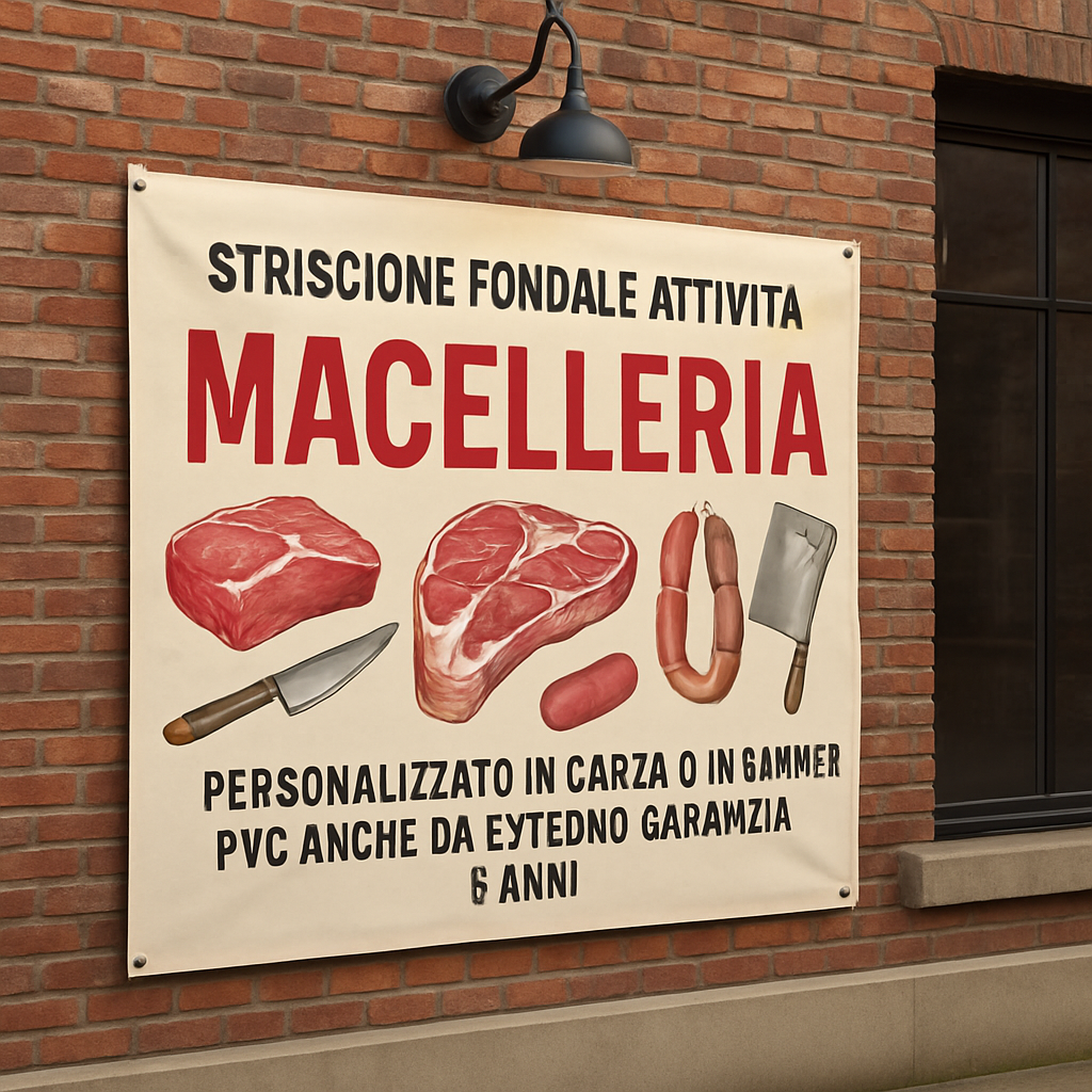 GLOBAL STRISCIONE FONDALE ATTIVITÀ - MACELLERIA - PERSONALIZZATO IN CARTA O IN BANNER PVC ANCHE DA ESTERNO GARANZIA 5 ANNI - 01 ambientata