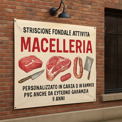 GLOBAL STRISCIONE FONDALE ATTIVITÀ - MACELLERIA - PERSONALIZZATO IN CARTA O IN BANNER PVC ANCHE DA ESTERNO GARANZIA 5 ANNI - 01 ambientata