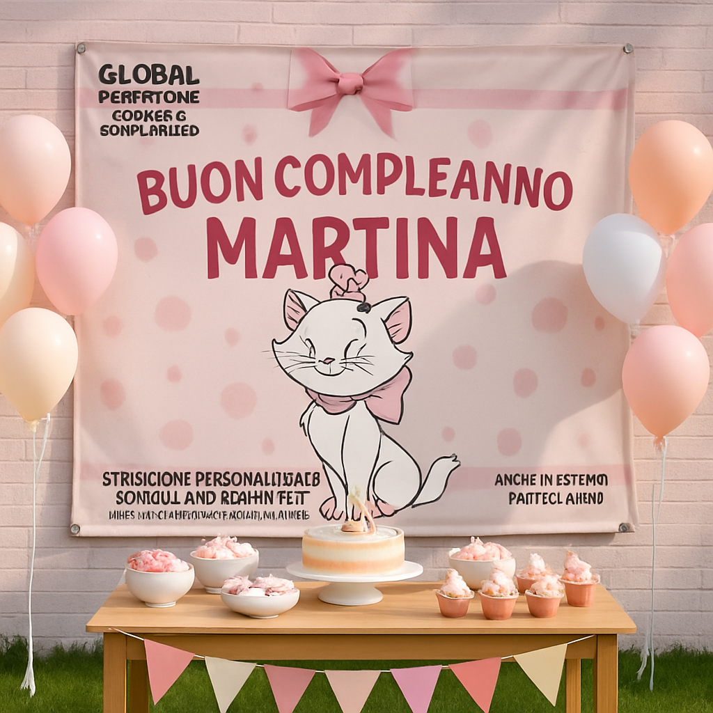 GLOBAL STRISCIONE FONDALE COMPLEANNO - Aristogatti Minou - STRISCIONE PERSONALIZZATO IN CARTA O IN BANNER PVC ANCHE DA ESTERNO GARANZIA 5 ANNI - 01 ambientata