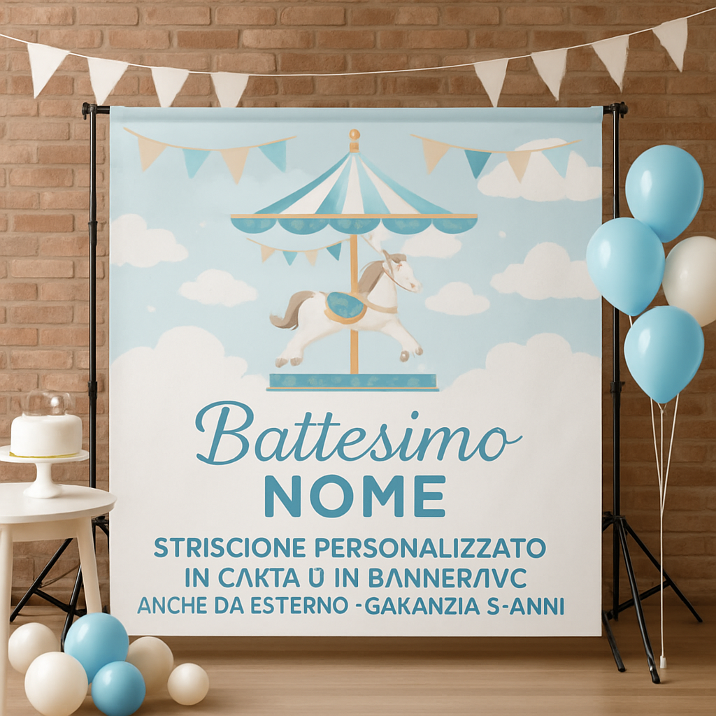 GLOBAL STRISCIONE FONDALE BATTESIMO - Battesimo Carosello - STRISCIONE PERSONALIZZATO IN CARTA O IN BANNER PVC ANCHE DA ESTERNO GARANZIA 5 ANNI - 01 ambientata
