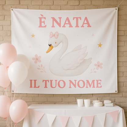 BANNER STRISCIONE NASCITA - Cigno Bambina - CON IL TUO NOME bimbo neonato - 01 ambientata