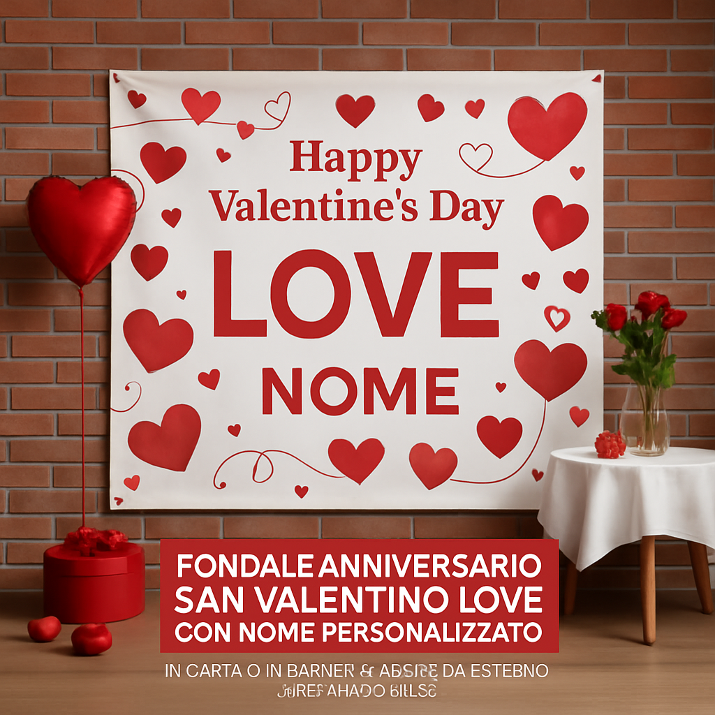 GLOBAL STRISCIONE FONDALE ANNIVERSARIO - SAN VALENTINO LOVE CON NOME PERSONALIZZATO - IN CARTA O IN BANNER PVC ANCHE DA ESTERNO GARANZIA 5 ANNI - 01 ambientata