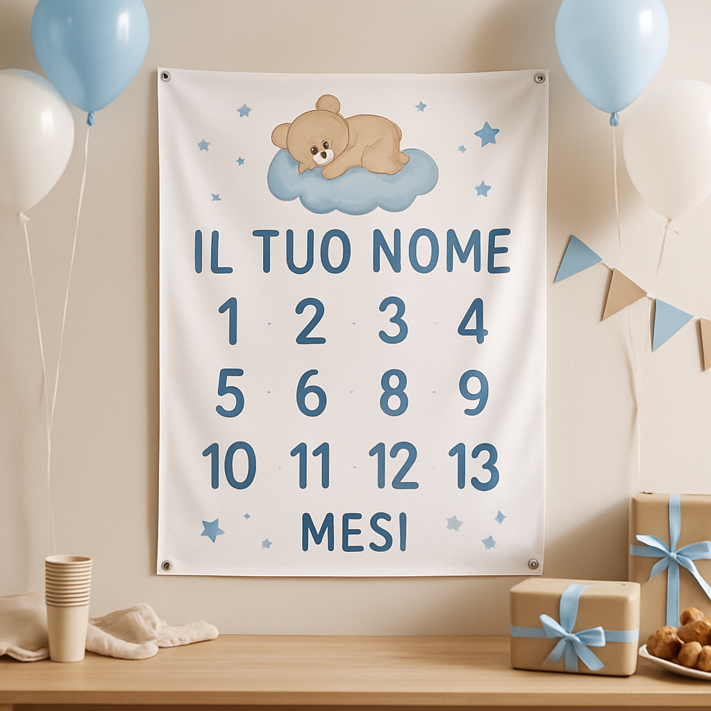 BANNER STRISCIONE NASCITA - Mesi per foto neonato - CON IL TUO NOME bimbo neonato - 01 ambientata