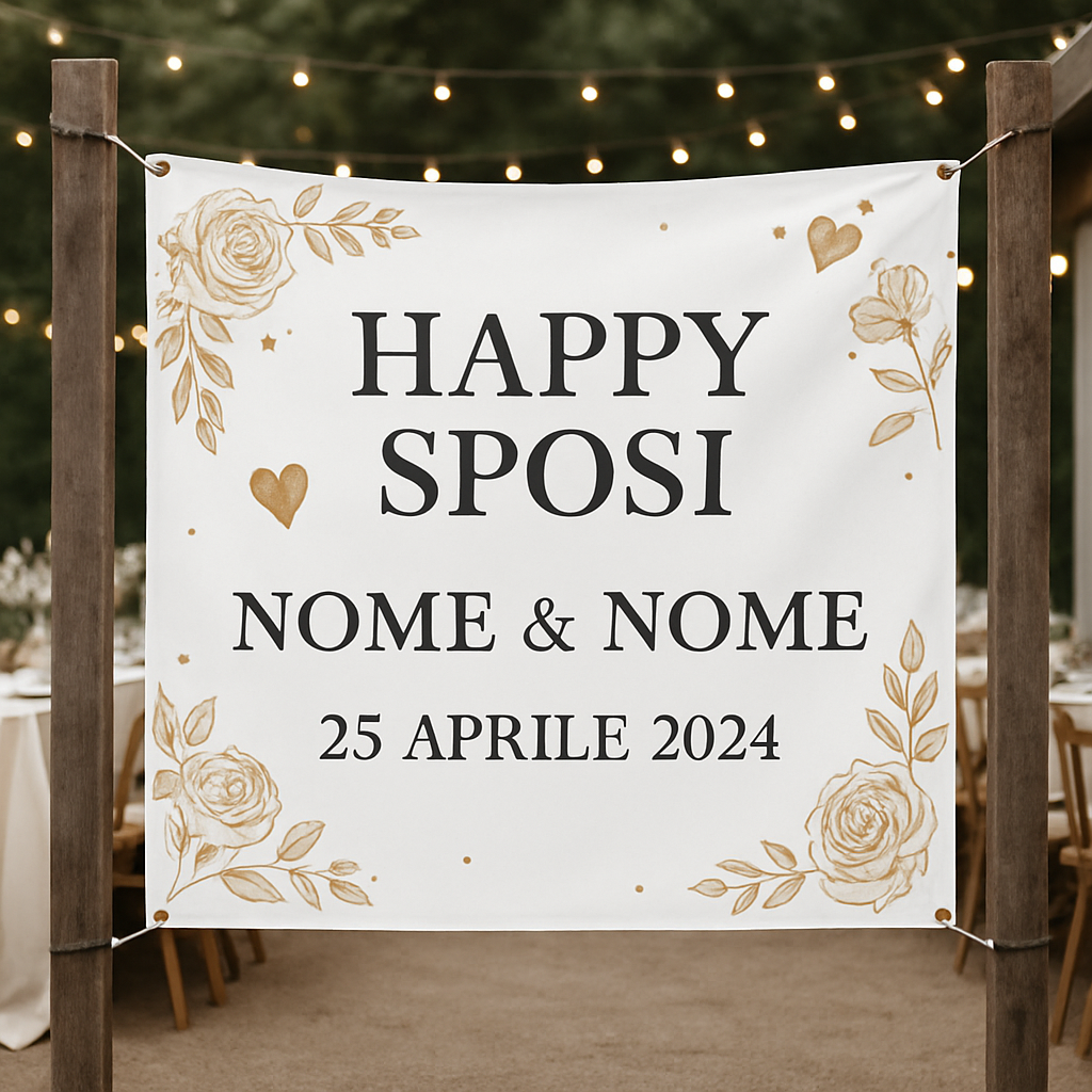 BANNER STRISCIONE MATRIMONIO - HAPPY SPOSI - CON NOME E DATA PERSONALIZZABILE - 01 ambientata