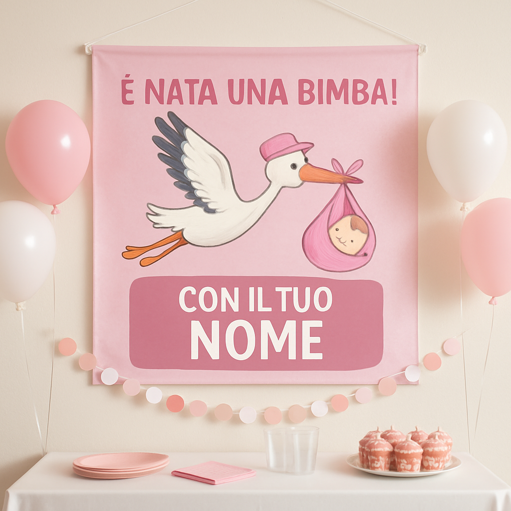 BANNER STRISCIONE NASCITA - Cicogna in volo Rosa - CON IL TUO NOME bimbo neonato - 01 ambientata