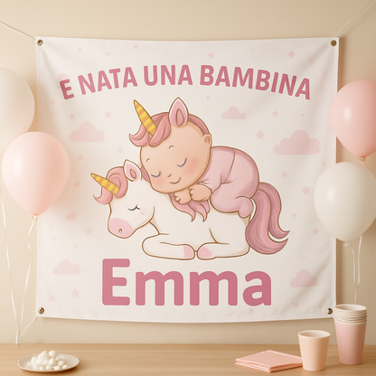 BANNER STRISCIONE NASCITA - Bambina Unicorno - CON IL TUO NOME bimbo neonato - 01 ambientata