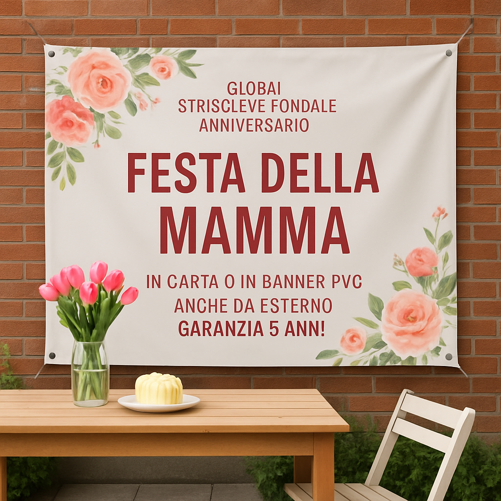 GLOBAL STRISCIONE FONDALE ANNIVERSARIO - FESTA DELLA MAMMA - IN CARTA O IN BANNER PVC ANCHE DA ESTERNO GARANZIA 5 ANNI - 01 ambientata