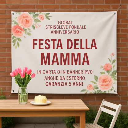 GLOBAL STRISCIONE FONDALE ANNIVERSARIO - FESTA DELLA MAMMA - IN CARTA O IN BANNER PVC ANCHE DA ESTERNO GARANZIA 5 ANNI - 01 ambientata