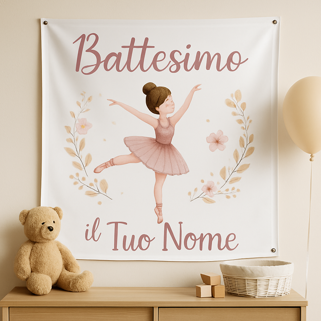Banner striscione battesimo Ballerina Rotante personalizzato - 01 ambientata