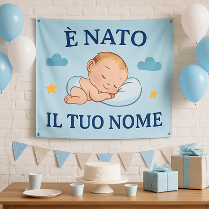 BANNER STRISCIONE NASCITA - è nato - CON IL TUO NOME bimbo neonato - 01 ambientata