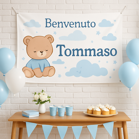 BANNER STRISCIONE NASCITA - Bambino orsetto - CON IL TUO NOME bimbo neonato - 01 ambientata