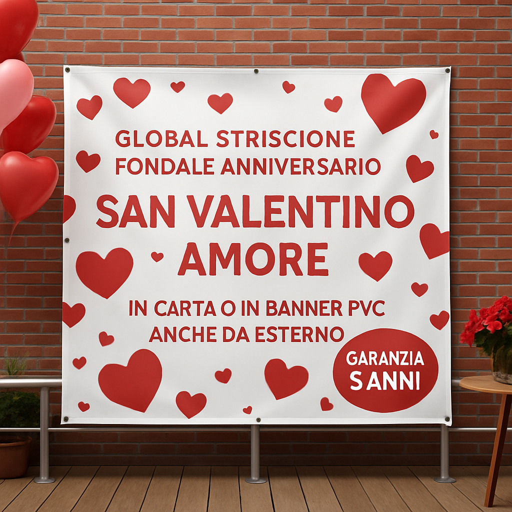 GLOBAL STRISCIONE FONDALE ANNIVERSARIO - SAN VALENTINO AMORE - IN CARTA O IN BANNER PVC ANCHE DA ESTERNO GARANZIA 5 ANNI - 01 ambientata