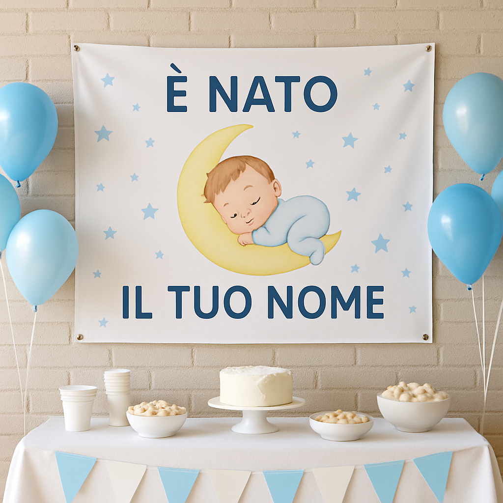 BANNER STRISCIONE NASCITA - Neonato Luna - CON IL TUO NOME bimbo neonato - 01 ambientata