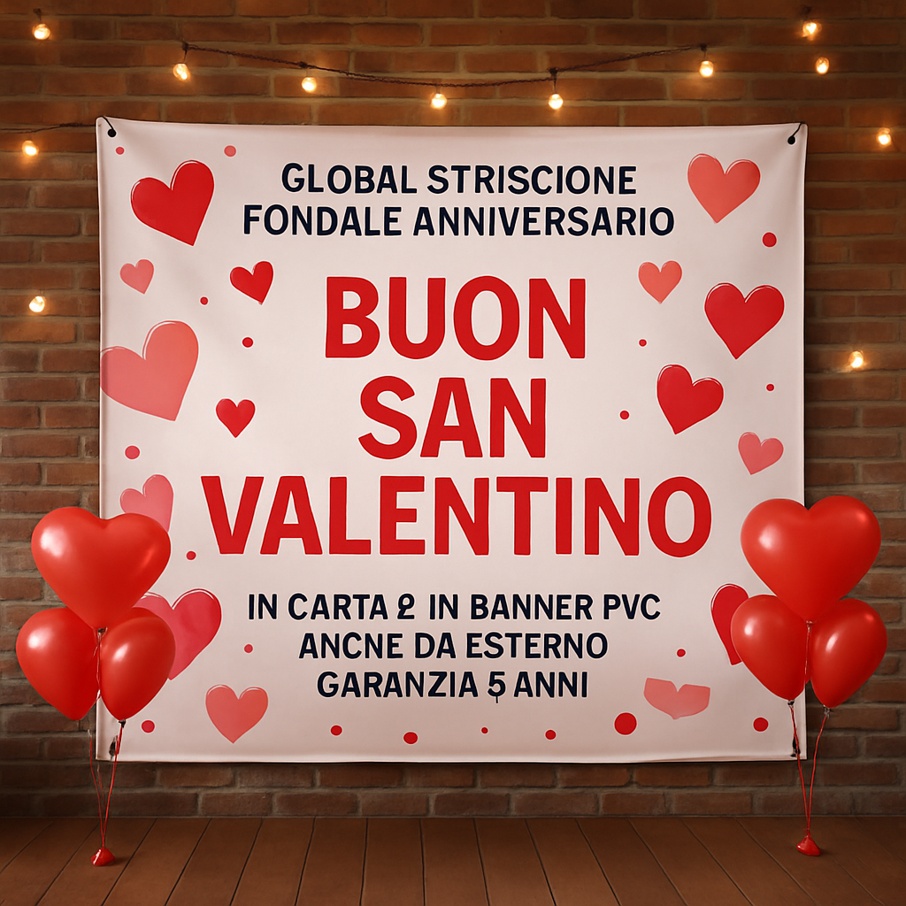 GLOBAL STRISCIONE FONDALE ANNIVERSARIO - BUON SAN VALENTINO MOD 5 - IN CARTA O IN BANNER PVC ANCHE DA ESTERNO GARANZIA 5 ANNI - 01 ambientata