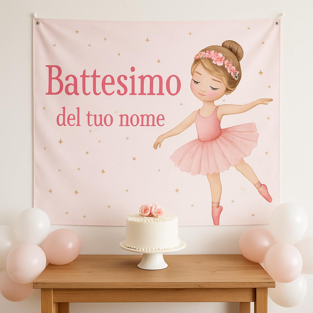 Banner striscione battesimo Ballerina Rosa personalizzato - 01 ambientata