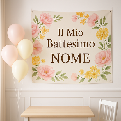 BANNER STRISCIONE BATTESIMO - Fiori rosa e gialli - CON IL TUO NOME bimbo - 01 ambientata