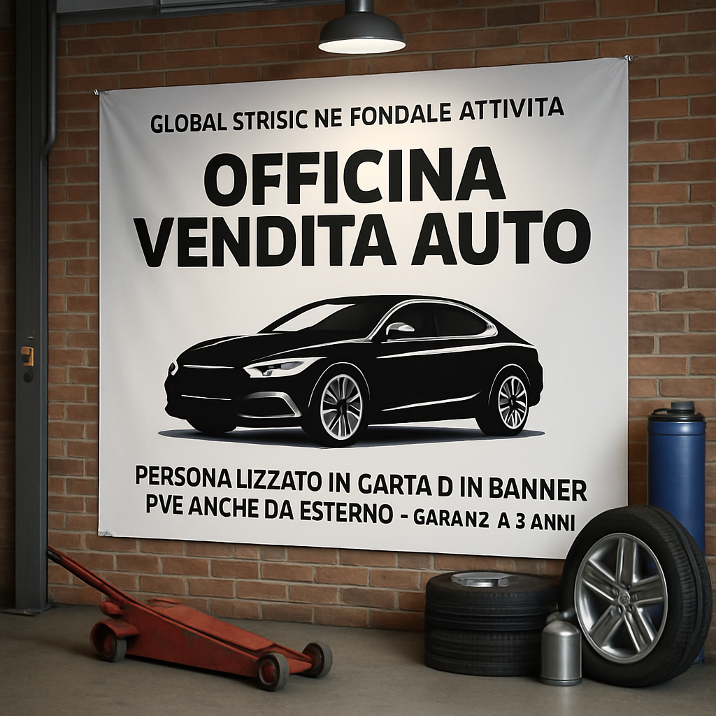 GLOBAL STRISCIONE FONDALE ATTIVITÀ - OFFICINA VENDITA AUTO - PERSONALIZZATO IN CARTA O IN BANNER PVC ANCHE DA ESTERNO GARANZIA 5 ANNI - 01 ambientata