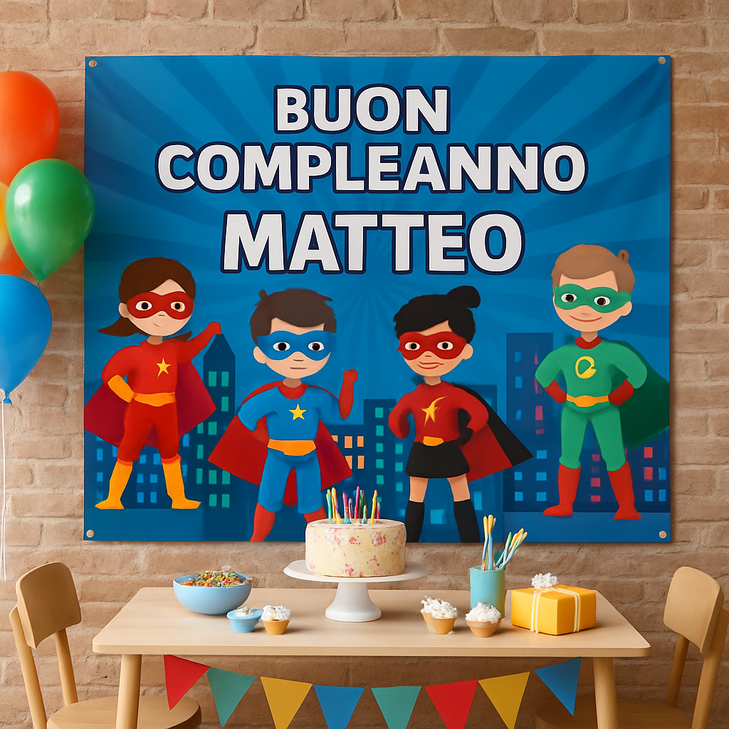 GLOBAL STRISCIONE FONDALE COMPLEANNO - Avengers Supereroi mod 2 - STRISCIONE PERSONALIZZATO IN CARTA O IN BANNER PVC ANCHE DA ESTERNO GARANZIA 5 ANNI - 01 ambientata