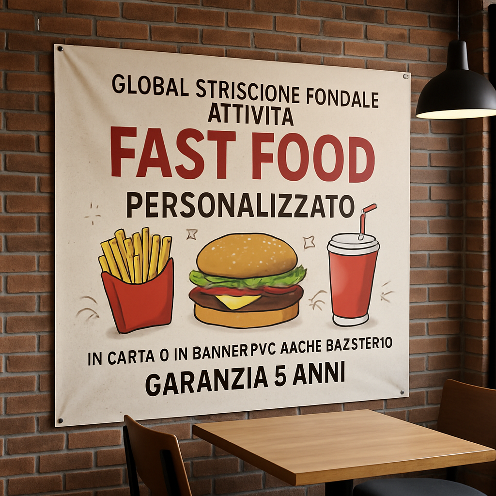 GLOBAL STRISCIONE FONDALE ATTIVITÀ - FAST FOOD - PERSONALIZZATO IN CARTA O IN BANNER PVC ANCHE DA ESTERNO GARANZIA 5 ANNI - 01 ambientata