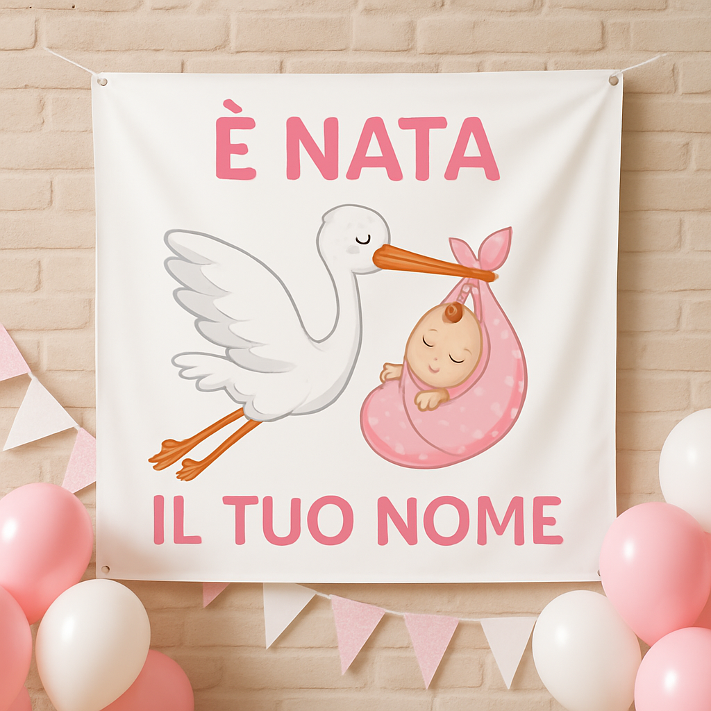 BANNER STRISCIONE NASCITA - Cicogna con neonata rosa mod. 2 - CON IL TUO NOME bimbo neonato - 01 ambientata