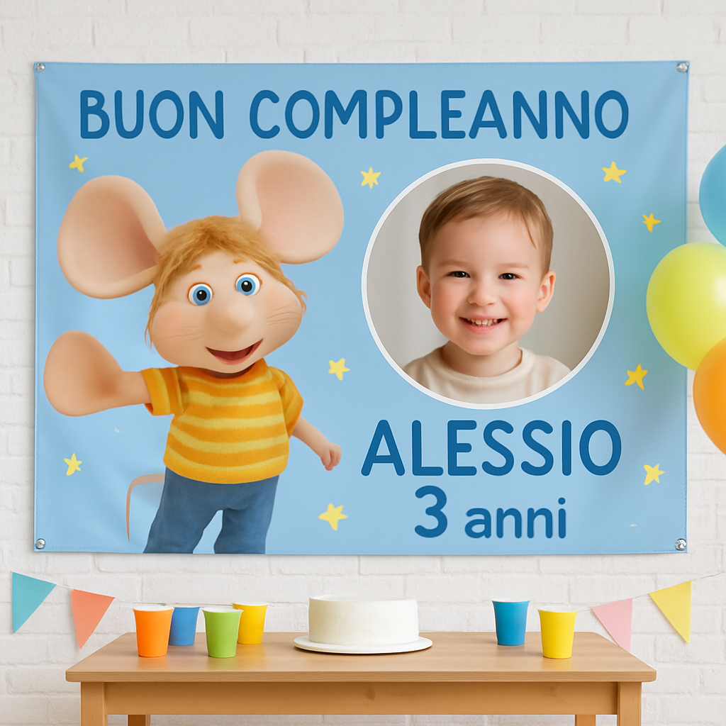 BANNER STRISCIONE compleanno - Topo Gigio - CON NOME foto ed età bimbo/a - 01 ambientata