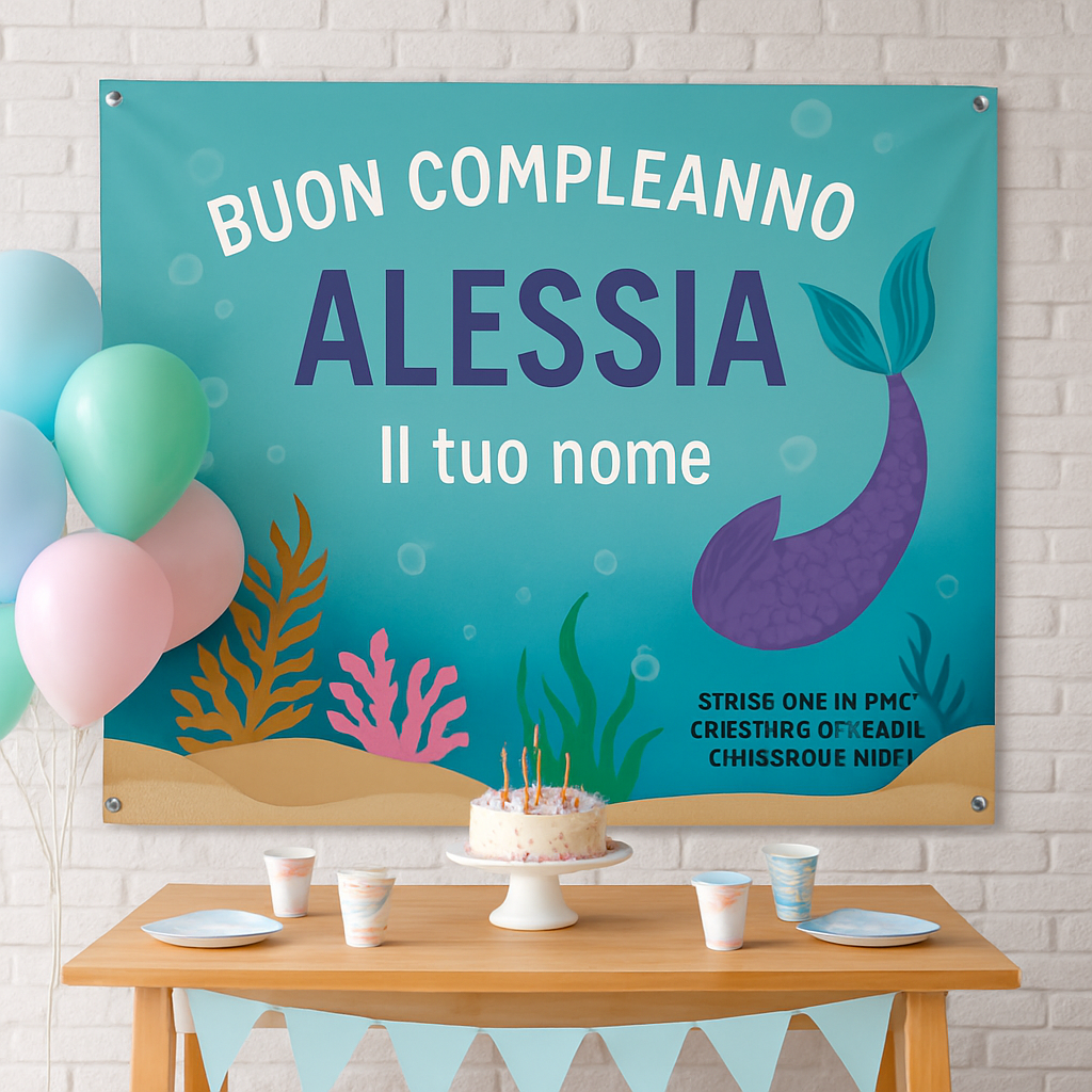 GLOBAL STRISCIONE FONDALE COMPLEANNO - Ariel Sirenetta mod 2 - STRISCIONE PERSONALIZZATO IN CARTA O IN BANNER PVC ANCHE DA ESTERNO GARANZIA 5 ANNI - 01 ambientata