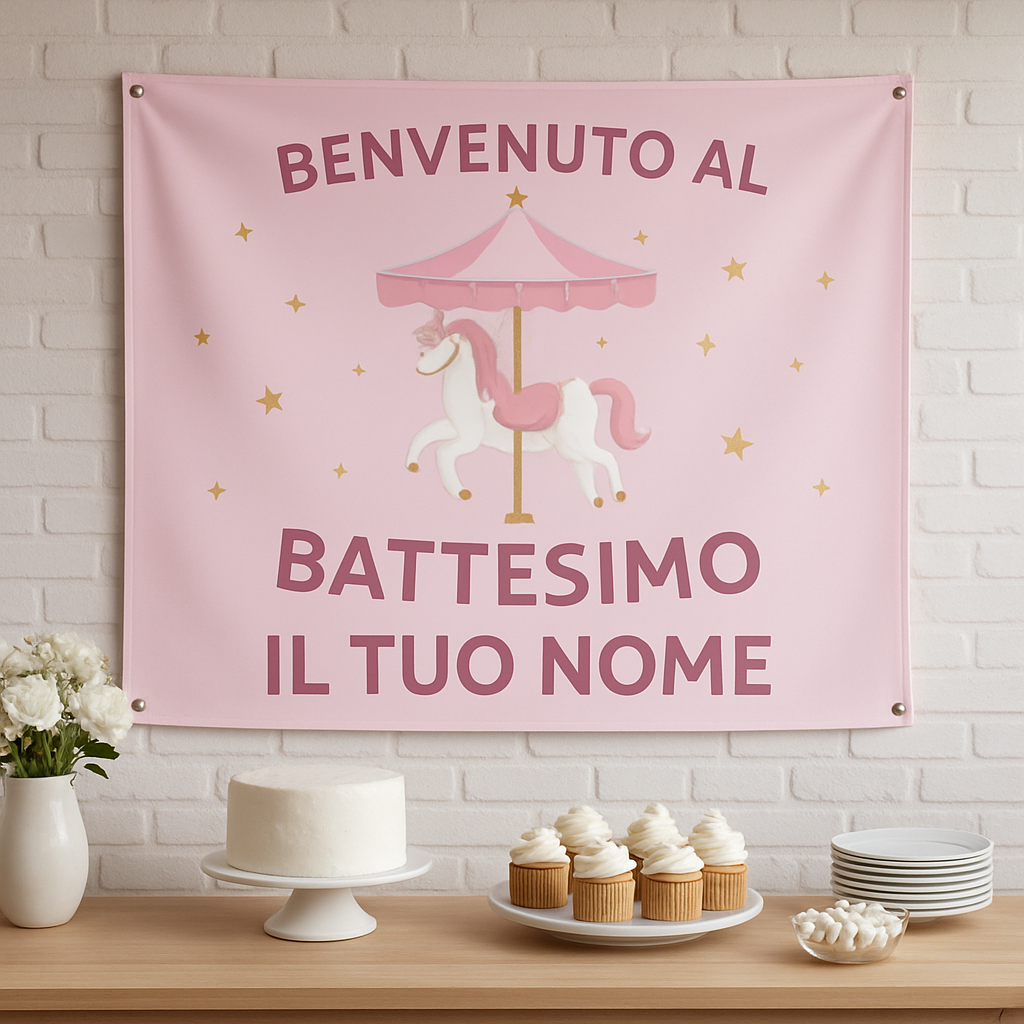 BANNER STRISCIONE BATTESIMO - Carosello Rosa - CON IL TUO NOME bimbo - 01 ambientata