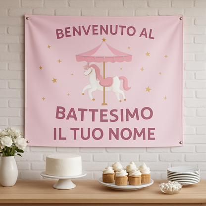 BANNER STRISCIONE BATTESIMO - Carosello Rosa - CON IL TUO NOME bimbo - 01 ambientata