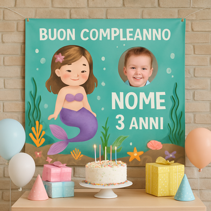 BANNER STRISCIONE compleanno - Minnie Sirena - CON NOME foto ed età bimbo/a - 01 ambientata