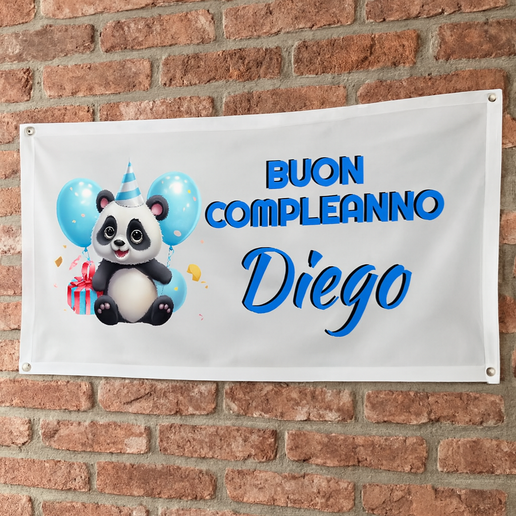 GLOBAL STRISCIONE FONDALE COMPLEANNO - BUON COMPLEANNO CON NOME PERSONALIZZATO - IN CARTA O IN BANNER PVC ANCHE DA ESTERNO GARANZIA 5 ANNI - 01 ambientata