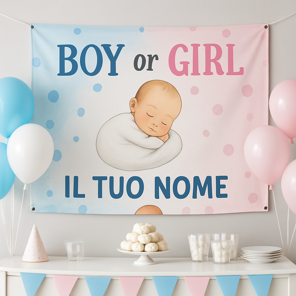 BANNER STRISCIONE NASCITA - Boy or Girl - CON IL TUO NOME bimbo neonato - 01 ambientata