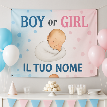 BANNER STRISCIONE NASCITA - Boy or Girl - CON IL TUO NOME bimbo neonato - 01 ambientata