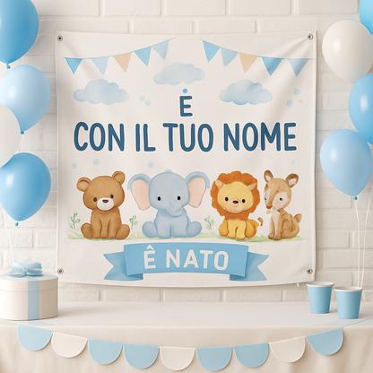 BANNER STRISCIONE NASCITA - Animaletti - CON IL TUO NOME bimbo neonato - 01 ambientata