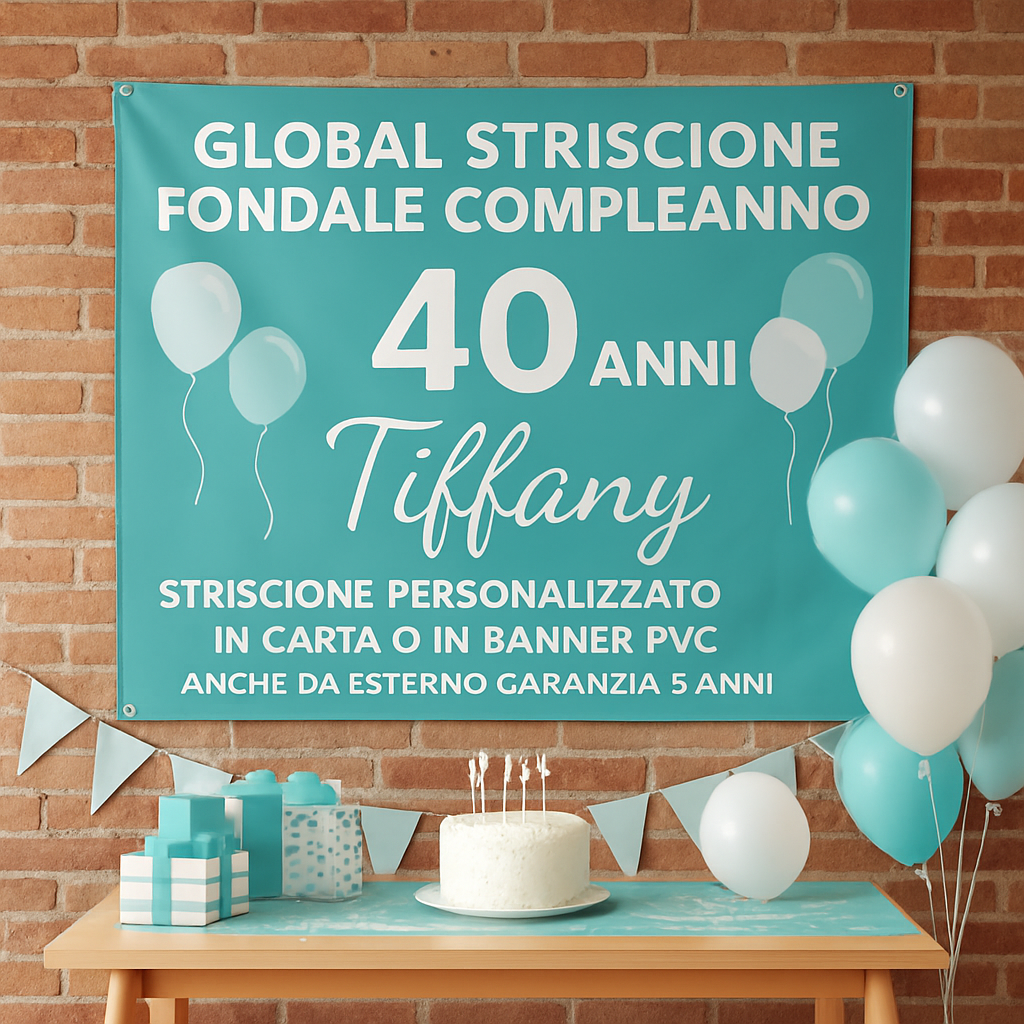 GLOBAL STRISCIONE FONDALE COMPLEANNO - 40 Anni Tiffany - STRISCIONE PERSONALIZZATO IN CARTA O IN BANNER PVC ANCHE DA ESTERNO GARANZIA 5 ANNI - 01 ambientata