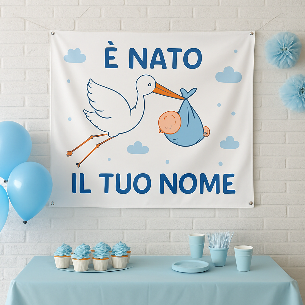 BANNER STRISCIONE NASCITA - Cicogna è nato - CON IL TUO NOME bimbo neonato - 01 ambientata