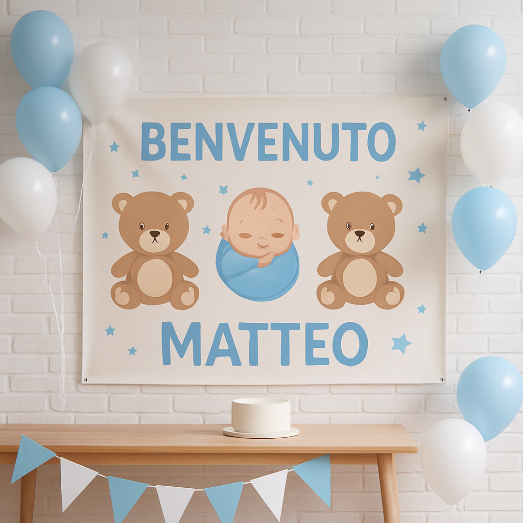 BANNER STRISCIONE NASCITA - BENVENUTO Orsetti - CON IL TUO NOME bimbo neonato - 01 ambientata