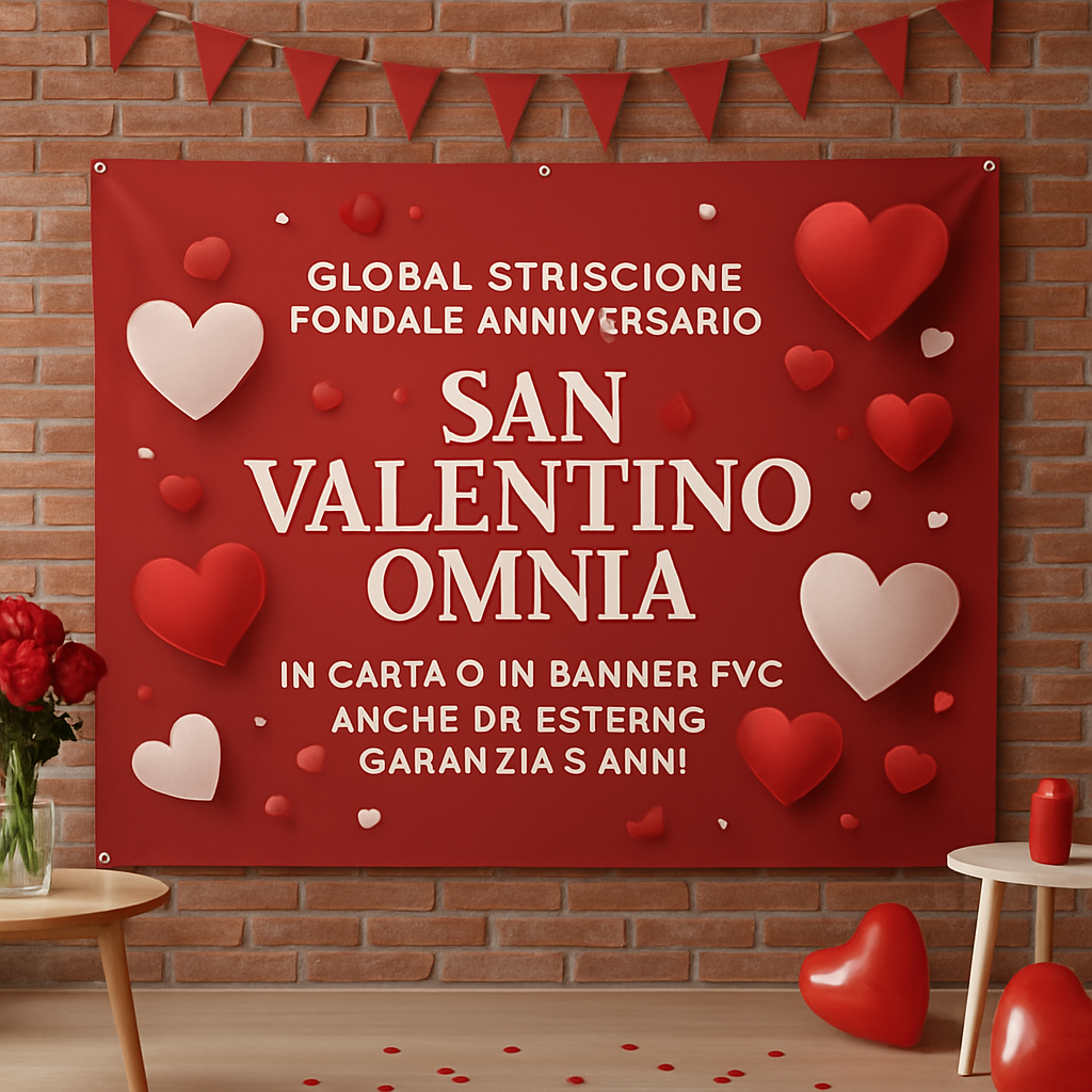 GLOBAL STRISCIONE FONDALE ANNIVERSARIO - SAN VALENTINO OMNIA - IN CARTA O IN BANNER PVC ANCHE DA ESTERNO GARANZIA 5 ANNI - 01 ambientata