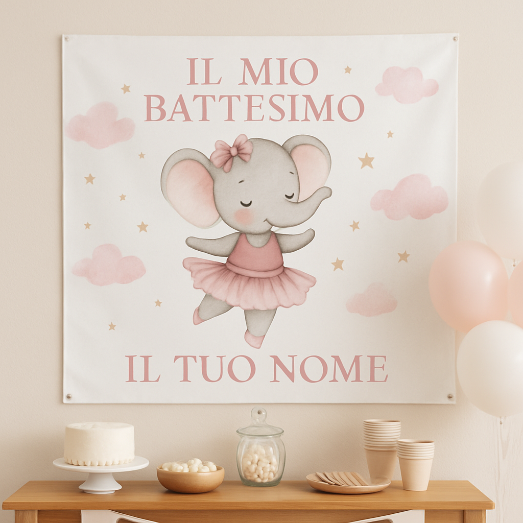 Banner striscione battesimo Ballerina Elefantina personalizzato - 01 ambientata
