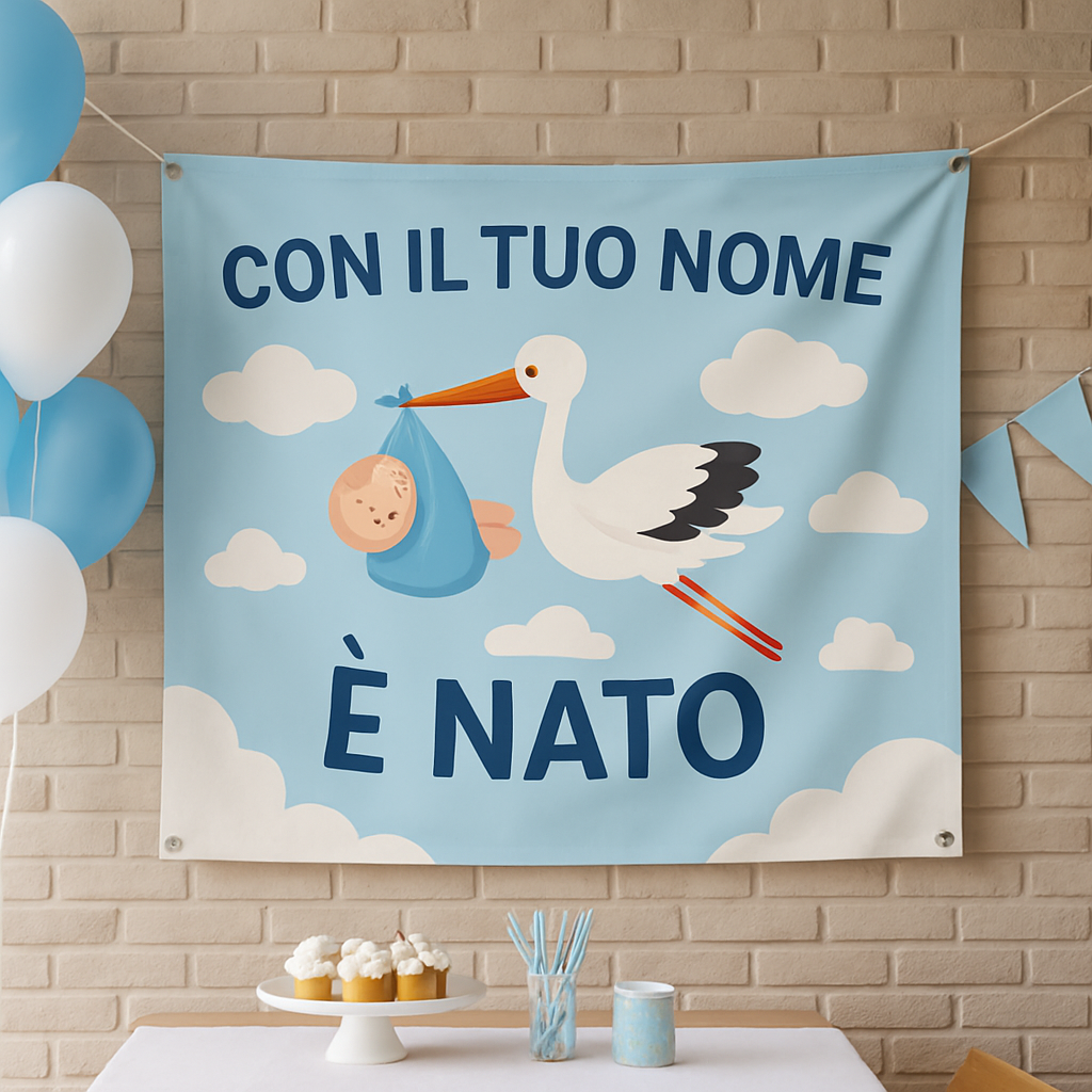 BANNER STRISCIONE NASCITA - Cicogna - CON IL TUO NOME bimbo neonato - 01 ambientata