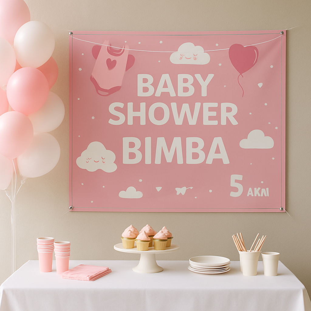 GLOBAL STRISCIONE FONDALE BABY SHOWER - Baby Shower Bimba - STRISCIONE IN CARTA O IN BANNER PVC ANCHE DA ESTERNO GARANZIA 5 ANNI - 01 ambientata