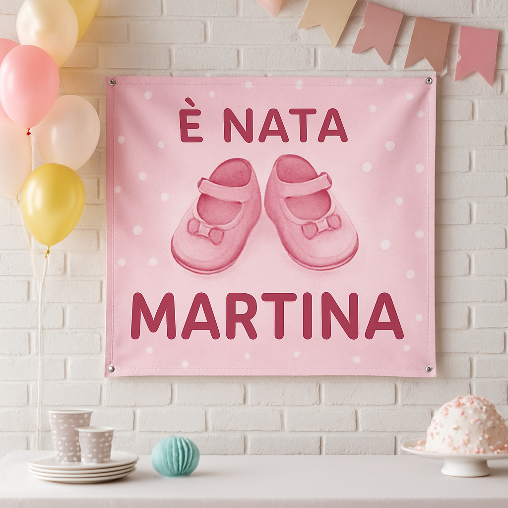 BANNER STRISCIONE NASCITA - Gemelle scarpette - CON IL TUO NOME bimbo neonato - 01 ambientata