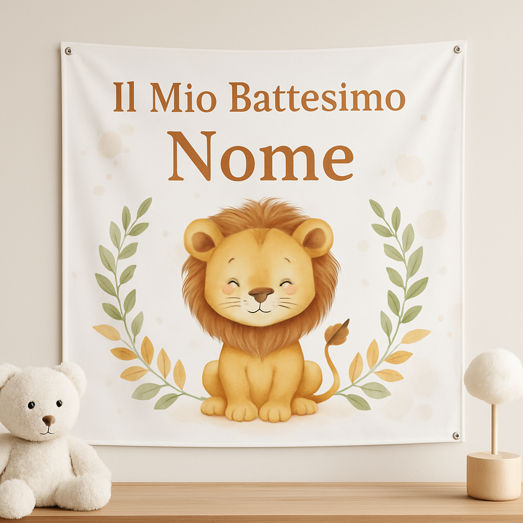 BANNER STRISCIONE BATTESIMO - Leoncino - CON IL TUO NOME bimbo - 01 ambientata