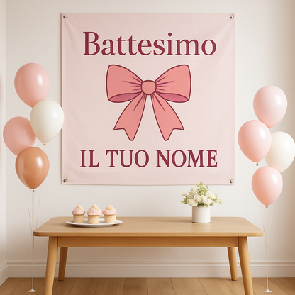 BANNER STRISCIONE BATTESIMO - Fiocco Rosa - CON IL TUO NOME bimbo - 01 ambientata