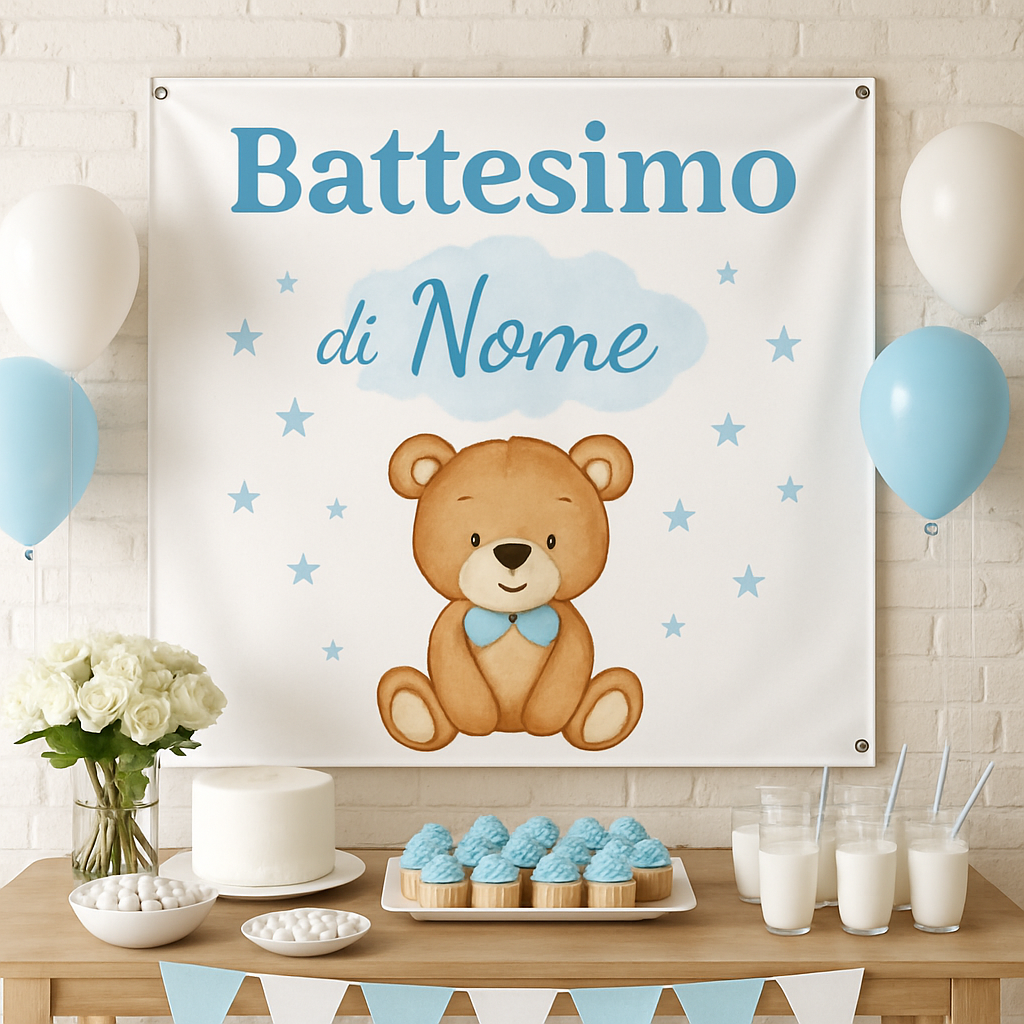 GLOBAL STRISCIONE FONDALE BATTESIMO - Battesimo Orsetto - STRISCIONE PERSONALIZZATO IN CARTA O IN BANNER PVC ANCHE DA ESTERNO GARANZIA 5 ANNI - 01 ambientata