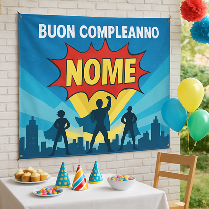 GLOBAL STRISCIONE FONDALE COMPLEANNO - Avengers Supereroi - STRISCIONE PERSONALIZZATO IN CARTA O IN BANNER PVC ANCHE DA ESTERNO GARANZIA 5 ANNI - 01 ambientata
