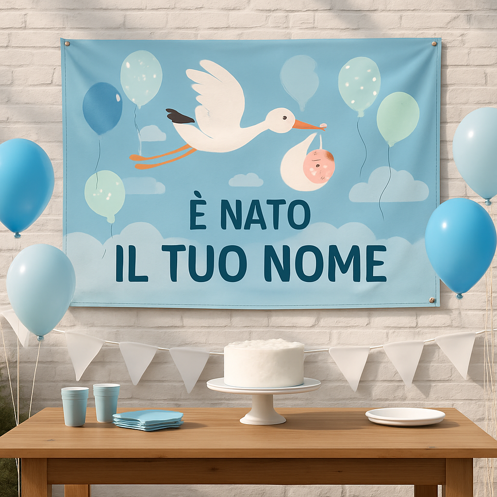 BANNER STRISCIONE NASCITA - Cicogna Palloncini - CON IL TUO NOME bimbo neonato - 01 ambientata