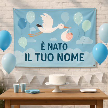 BANNER STRISCIONE NASCITA - Cicogna Palloncini - CON IL TUO NOME bimbo neonato - 01 ambientata