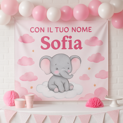 BANNER STRISCIONE NASCITA - Elefante tra le nuvole rosa - CON IL TUO NOME bimbo neonato - 01 ambientata