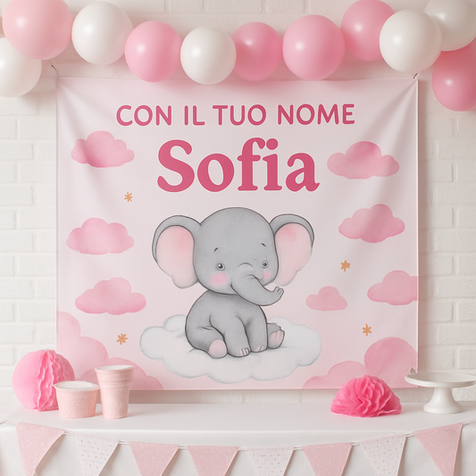 BANNER STRISCIONE NASCITA - Elefante tra le nuvole rosa - CON IL TUO NOME bimbo neonato - 01 ambientata